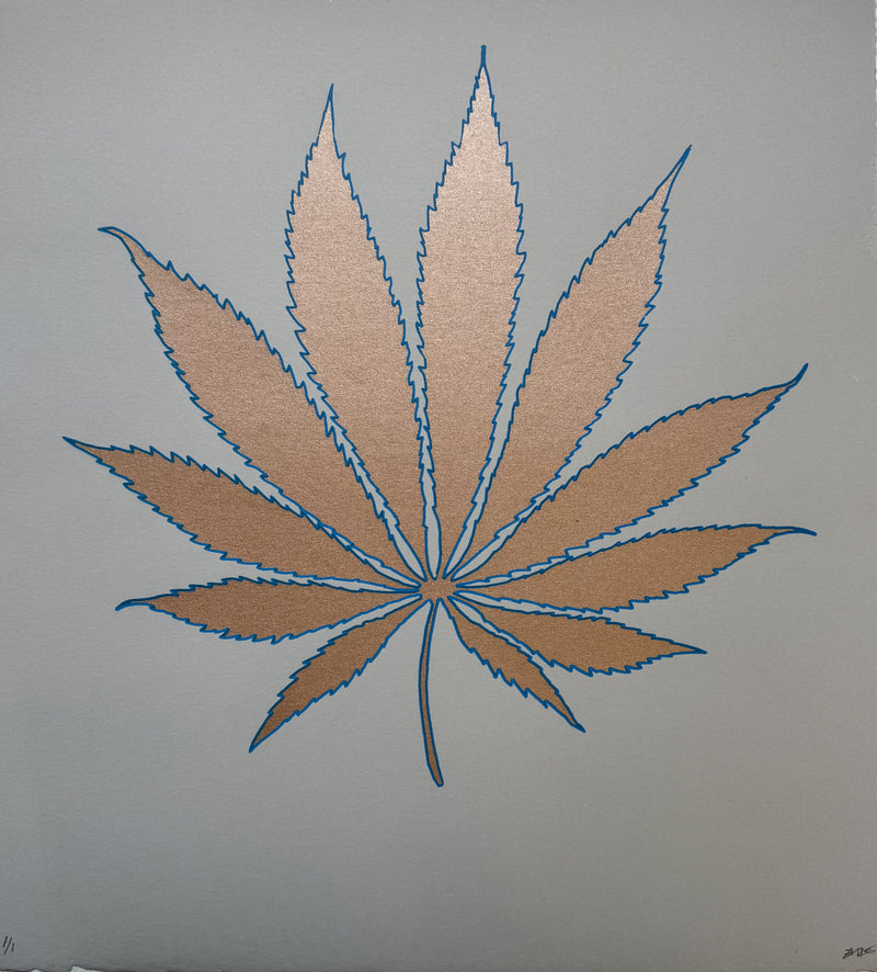 Design of a cannabis leaf with blue outline on a gray background